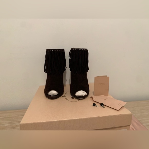 PRADA Peep Toe bootie Size 36.5/ 6.5 suede chocolate brown color - Picture 6 of 6
